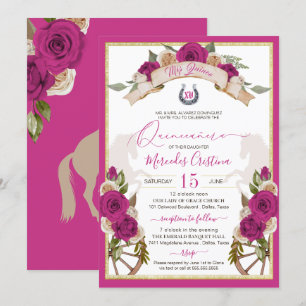 Western Charro Fuchsia Roses Horses Quinceanera Invitation