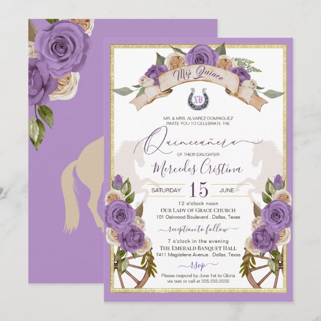 Western Charro Lavender Roses Horses Quinceanera Invitation (Front/Back)