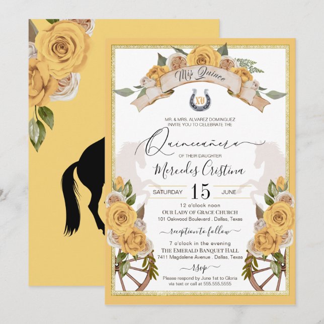 Western Charro Yellow Roses Quinceanera Invitation (Front/Back)