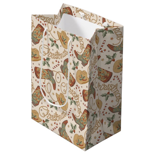 Western Christmas Boots and Hats Pattern Medium Gift Bag (Front Angled)