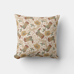 Western Christmas Boots and Hats Pattern Throw Pillow