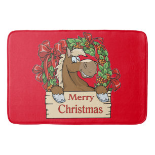 Western Christmas Cartoon Horse And Wreath Bath Mat