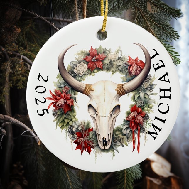 Western Christmas Cow Skull Monogram  Ceramic Ornament (Creator Uploaded)