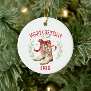 Western Christmas Cowboy Boots Ceramic Ornament