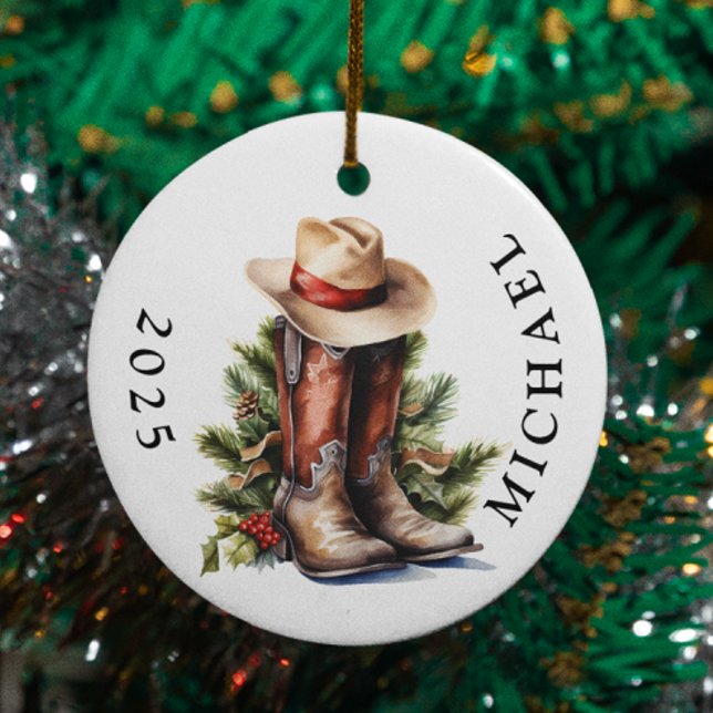 Western Christmas Cowboy Boots Hat Name Ceramic Ornament (Creator Uploaded)