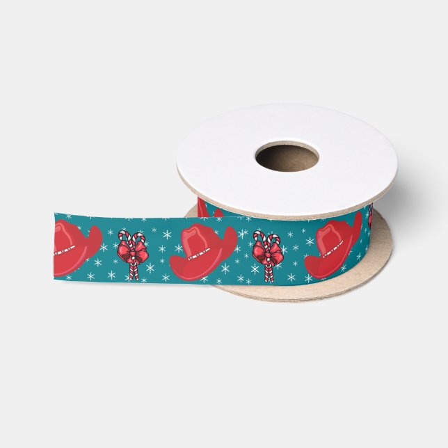 Western Christmas Cowboy Hats And Candy Canes 1.5 Satin Ribbon (Spool)