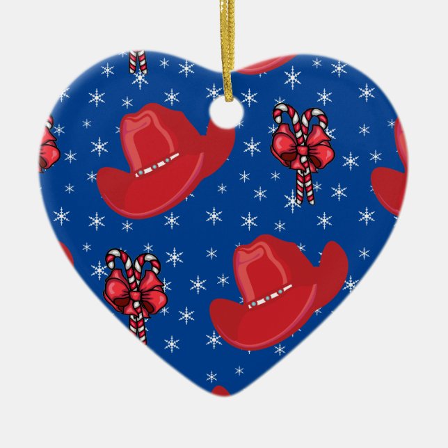 Western Christmas Cowboy Hats And Candy Canes Ceramic Ornament (Front)