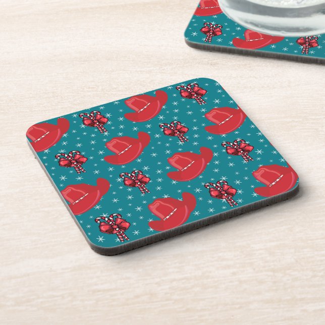 Western Christmas Cowboy Hats And Candy Canes Coaster (Left Side)