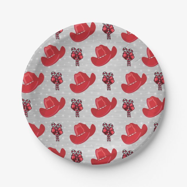Western Christmas Cowboy Hats And candy Canes Paper Plate (Front)