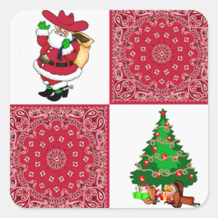 Western Christmas Cowboy Santa With Christmas Tree Square Sticker