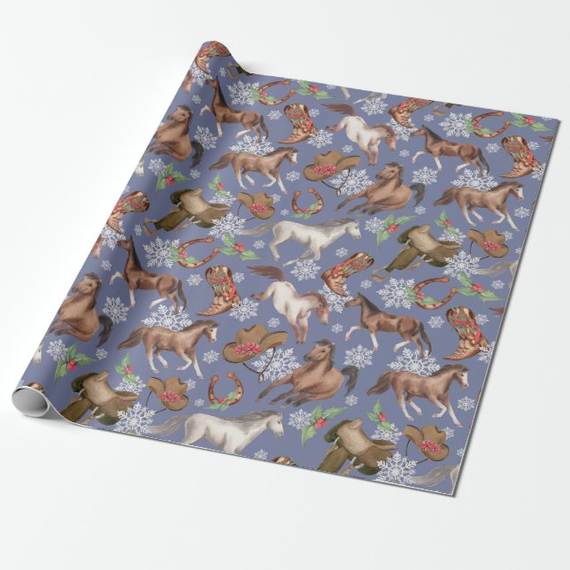 Western Christmas Horses Wrapping Paper (Unrolled)
