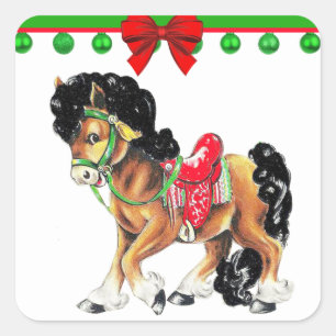 Western Christmas Little Horse Pony With Saddle Square Sticker
