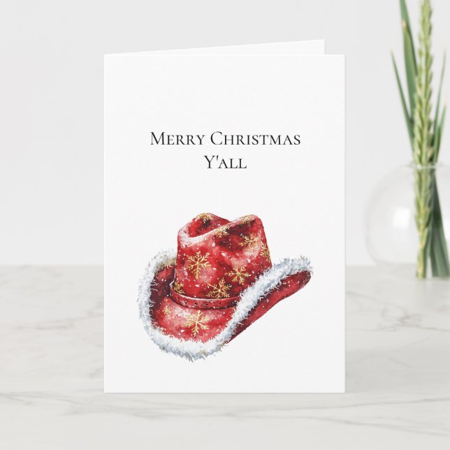 Western Christmas Red Cowboy Cowgirl Hat Card (Front)