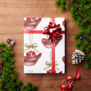 Western Christmas Red Cowboy Cowgirl Hats Wrapping Paper