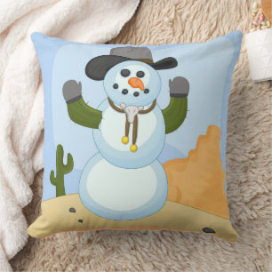 Western Christmas Snowman with Hat  Throw Pillow