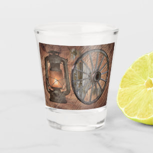 Western Coal Oil Lamp And Wagon Wheel Shot Glass