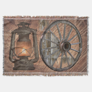Western Coal Oil Lamp And Wagon Wheel Throw Blanket