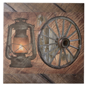 Western Coal Oil Lamp And Wagon Wheel Tile