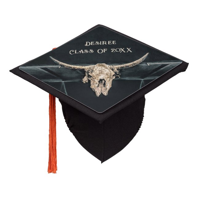 Western Country Beige Grey Rustic Bull Cow Skull Graduation Cap Topper (Angled)