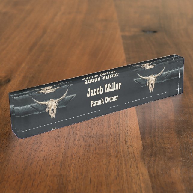 Western Country Beige Grey Rustic Bull Cow Skull Nameplate (Side)