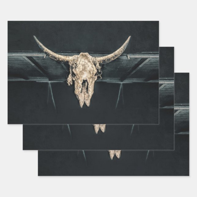 Western Country Beige Grey Rustic Bull Cow Skull Wrapping Paper Sheet (Set)
