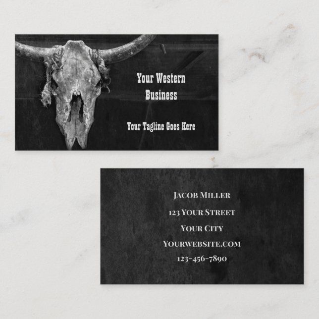 Western Country Black And White Cowboy Bull Skull Business Card (Front/Back)