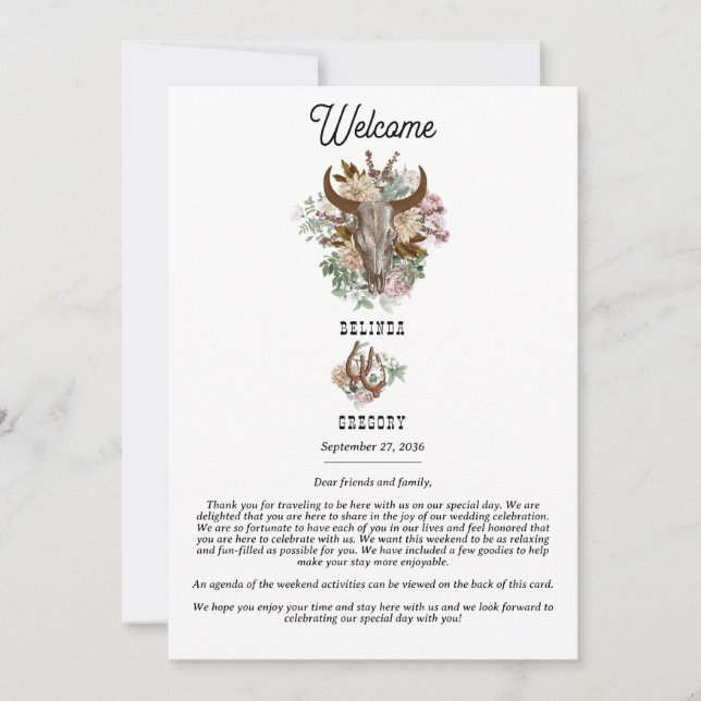 Western Country  Boho Cow Skull Wedding Itinerary (Front)