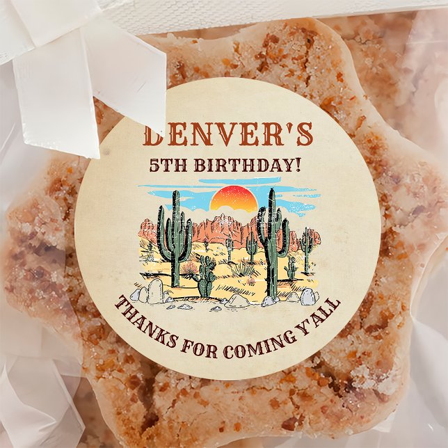 Western Country Cowboy Birthday Thank You  Classic Round Sticker (Creator Uploaded)