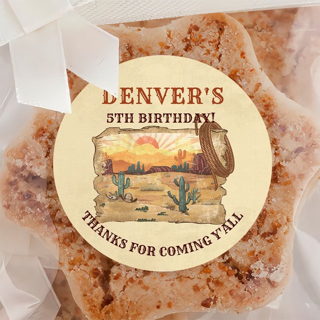 Western Country Cowboy Birthday Thank You  Classic Round Sticker (Creator Uploaded)