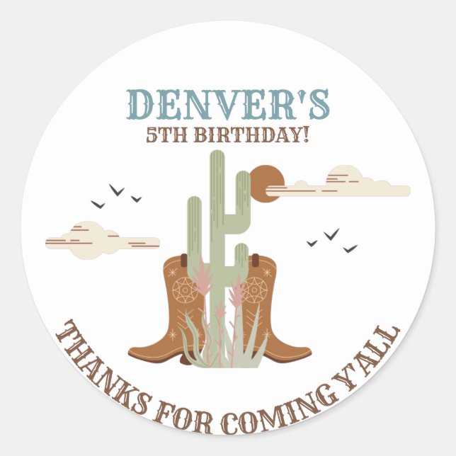 Western Country Cowboy Birthday Thank You Favour Classic Round Sticker (Front)