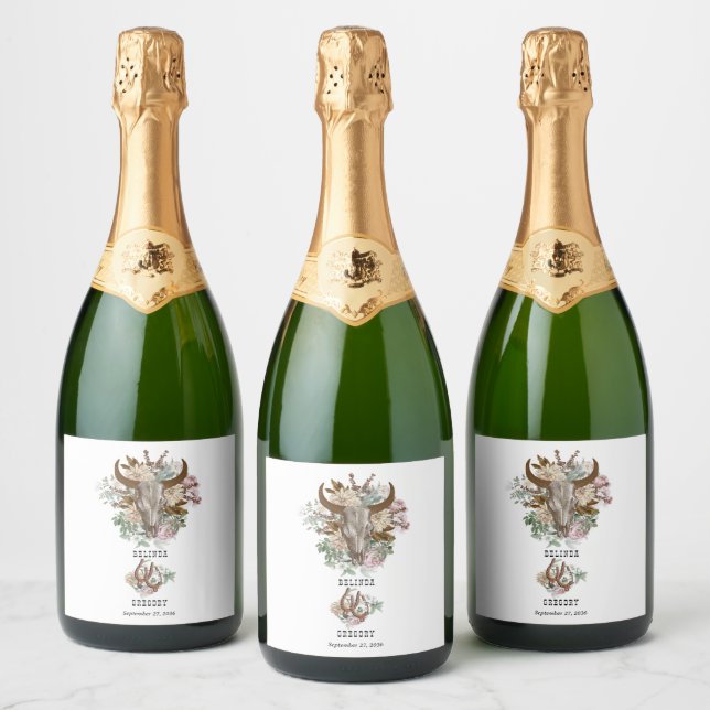 Western Country Cowboy Boho Cow Skull Wedding Sparkling Wine Label (Bottles)