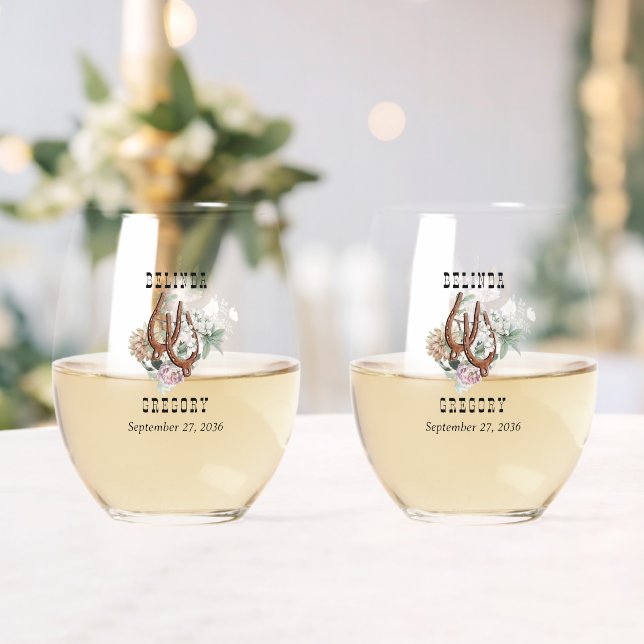 Western Country Cowboy Boho Cow Skull Wedding Stemless Wine Glass (Insitu (Wedding))