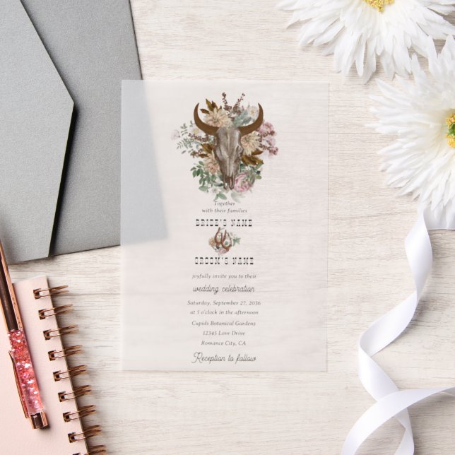 Western Country Cowboy Boho Cow Skull Wedding Vellum Invitations (Wedding)