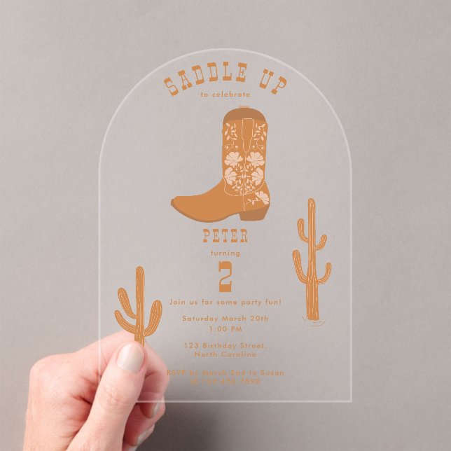 Western Country Cowboy Boots Saddle Up Birthday  Acrylic Invitations (Insitu (Handheld))