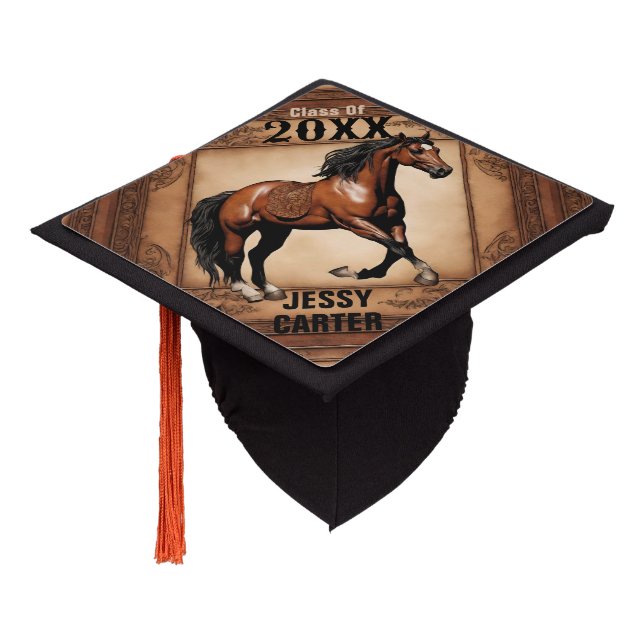  Western Country Cowboy Brown Horse Personalized Graduation Cap Topper (Angled)