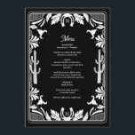 Western Country Cowboy Rustic Wedding Menu<br><div class="desc">A modern Western cowboy cowgirl style design with hand drawn elements of a cow skull, horseshoes, floral and cactus ornaments. Black and white floral border wedding design featuring hand drawn floral, cactus, cow skull and horseshoes. This contemporary modern Western country wedding design is ideal for all seasons. An elegant black...</div>