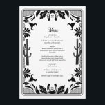 Western Country Cowboy Rustic Wedding Menu<br><div class="desc">A modern Western cowboy cowgirl style design with hand drawn elements of a cow skull, horseshoes, floral and cactus ornaments. Black and white floral border wedding design featuring hand drawn floral, cactus, cow skull and horseshoes. This contemporary modern Western country wedding design is ideal for all seasons. An elegant black...</div>