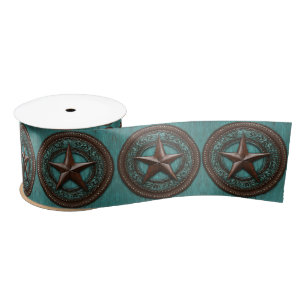 Western Country Cowboy Turquoise Brown Texas Star Satin Ribbon