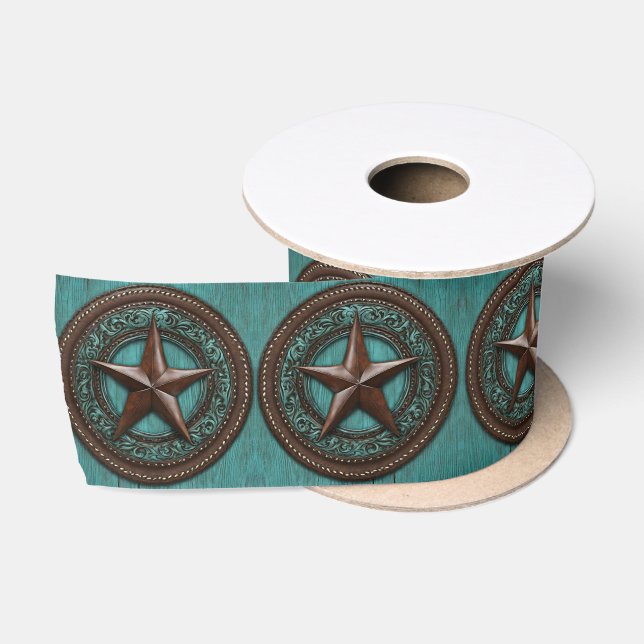 Western Country Cowboy Turquoise Brown Texas Star Satin Ribbon (Spool)