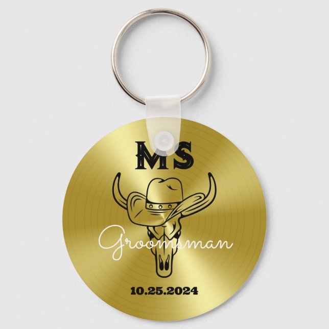 Western Country Cowboy Wedding Monogram Groomsmen Keychain (Front)