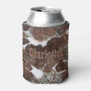 Western Country Cowhide Turquoise Brown Leather Can Cooler