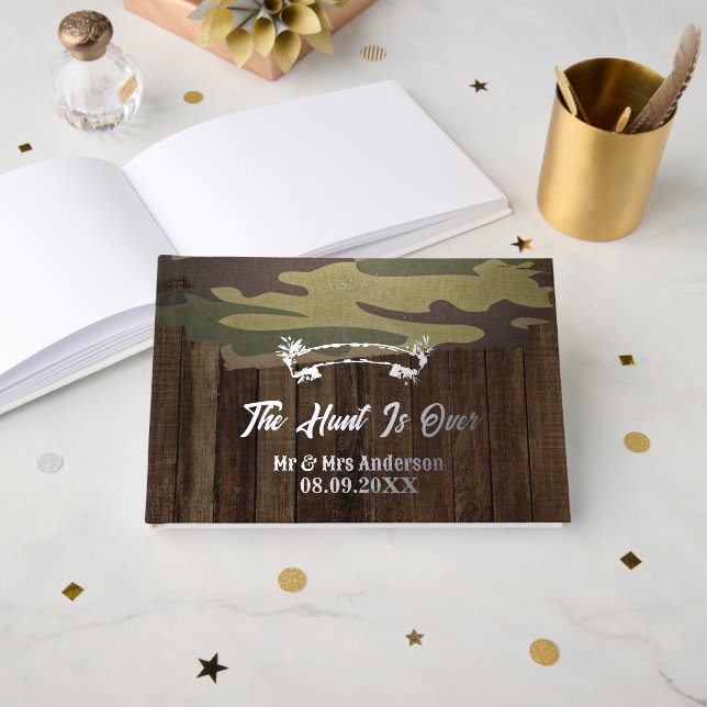 Western Country Deer The Hunt Is Over Wedding Foil Guest Book (Front Open)