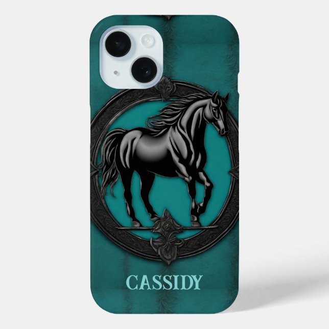 Western Country Equestrian Teal Black Horse  Case-Mate iPhone Case (Back)