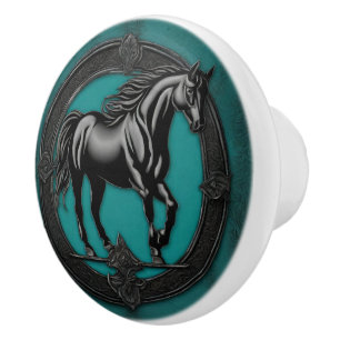 Western Country Equestrian Teal Black Horse  Ceramic Knob