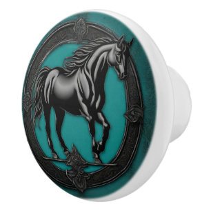 Western Country Equestrian Teal Black Horse  Ceramic Knob