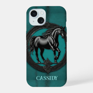 Western Country Equestrian Teal Black Horse iPhone 15 Case
