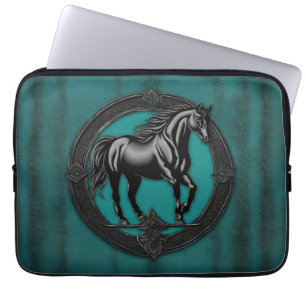 Western Country Equestrian Teal Black Horse  Laptop Sleeve