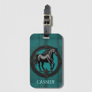 Western Country Equestrian Teal Black Horse Luggage Tag