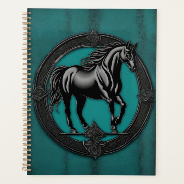 Western Country Equestrian Teal Black Horse  Planner (Front)