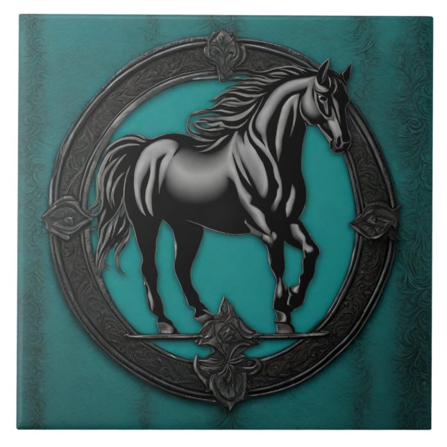 Western Country Equestrian Teal Black Horse  Tile (Front)